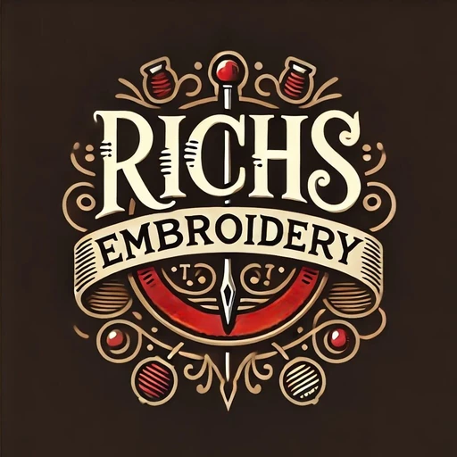 Rich's Embroidery crest with needle, thread spools and banner lettering