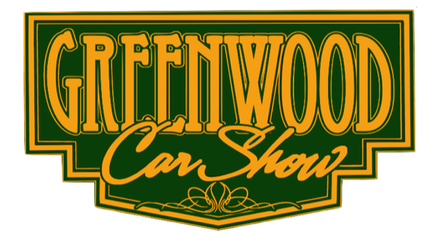 Embroidered Greenwood Car Show patch in green and gold with decorative scrollwork